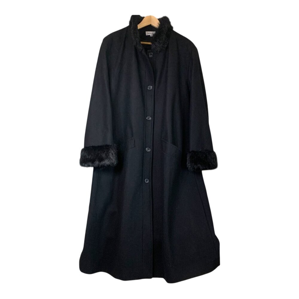 VTG Jonathan Michael Women's Black Wool Blend Long Coat Faux Fur Trim‎ Size 18W